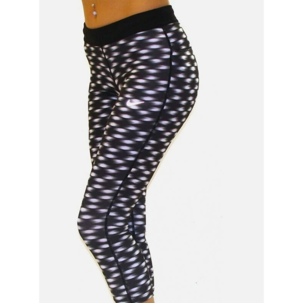 New Nike Relay Tight Fit Crop Capri Running Leggings Black White Pattern Womens